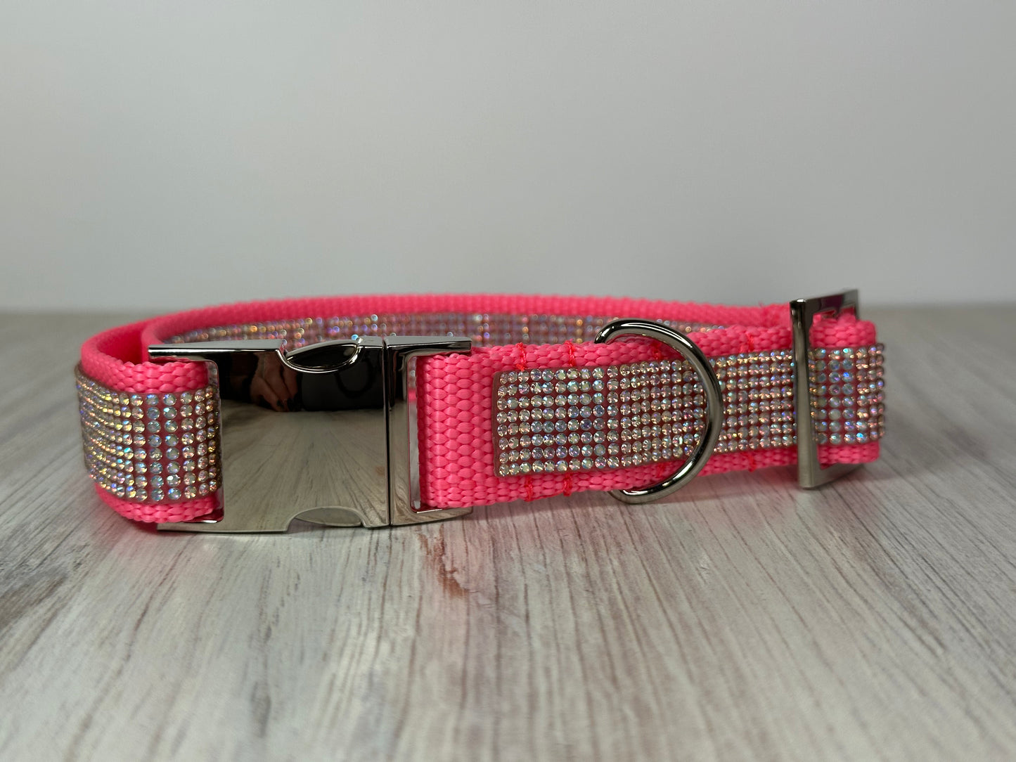 Rhinestone and Webbing Dog collar, Pink with AB Rhinestones and engrave-able silver hardware