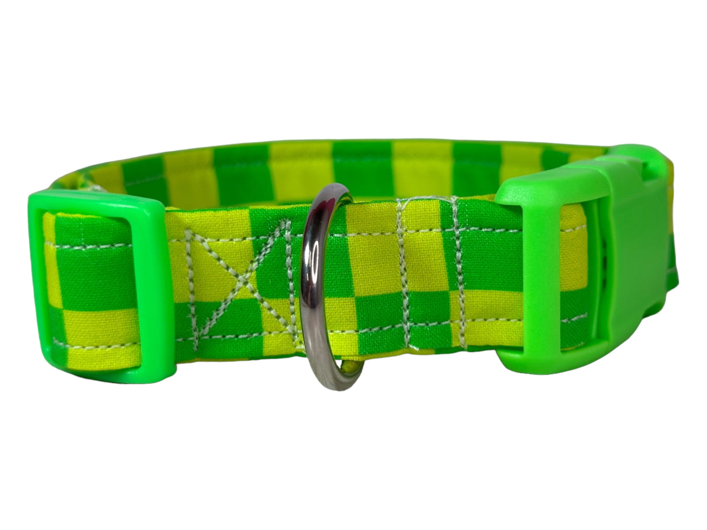 Neon Green Checkered dog collar, handmade side release dog collar