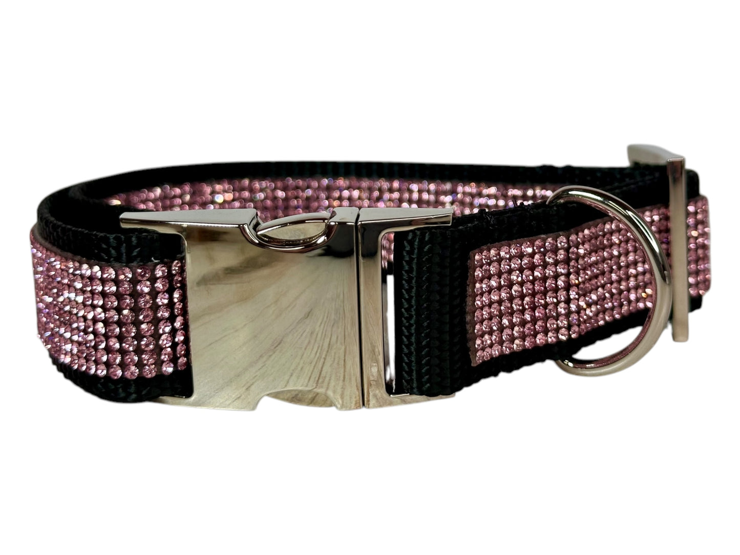 Rhinestone and Webbing Dog collar, Black with Pink Rhinestones and engrave-able silver hardware