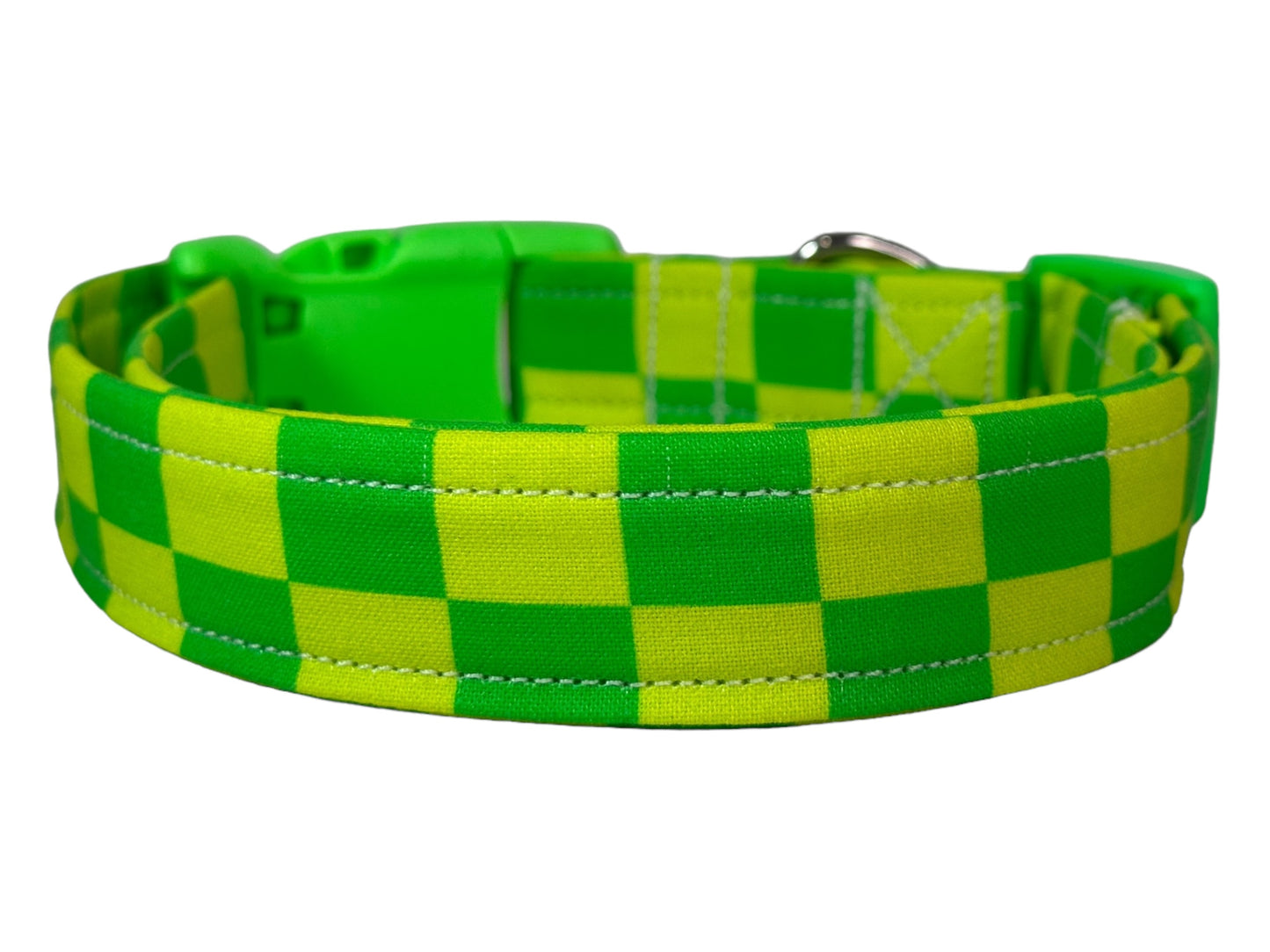 Neon Green Checkered dog collar, handmade side release dog collar