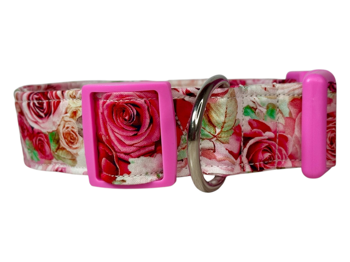 Pink Rose Dog Collar β Floral Handmade Pet Collar with Heavy-Duty Webbing & Stainless Steel Hardware
