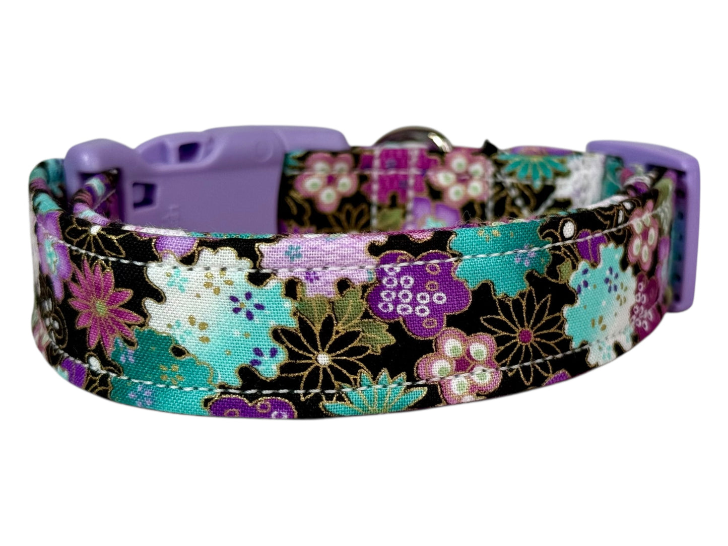 Purple and Teal Floral dog collar, Handmade Pet Collar with Heavy-Duty Webbing & Stainless Steel Hardware
