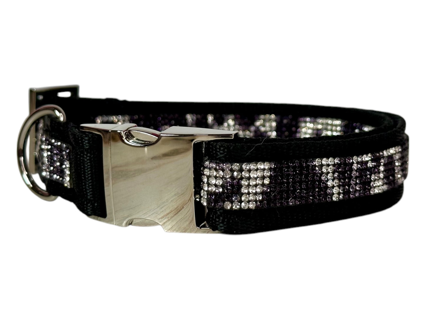 Rhinestone and Webbing Dog collar, Black with Cow Print Rhinestones and engrave-able silver hardware