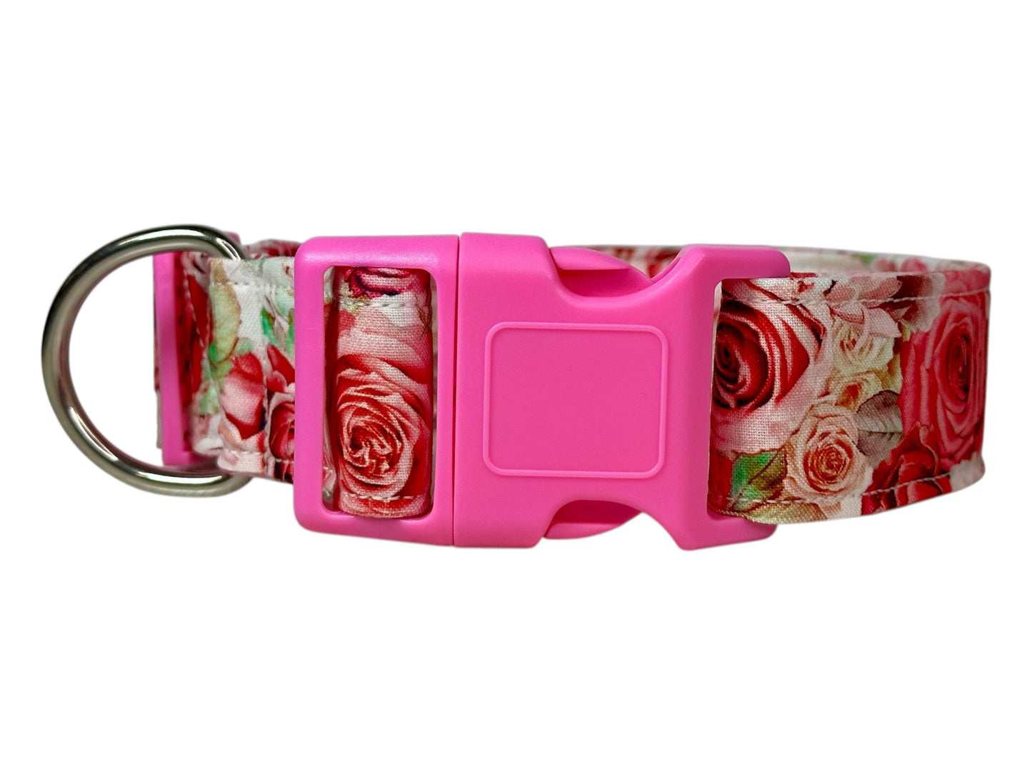 Pink Rose Dog Collar β Floral Handmade Pet Collar with Heavy-Duty Webbing & Stainless Steel Hardware
