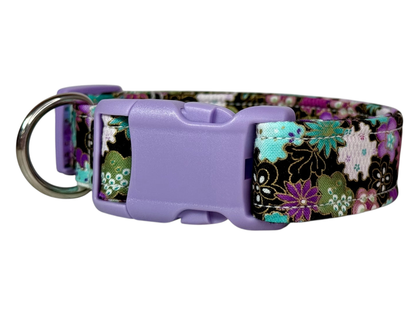 Purple and Teal Floral dog collar, Handmade Pet Collar with Heavy-Duty Webbing & Stainless Steel Hardware