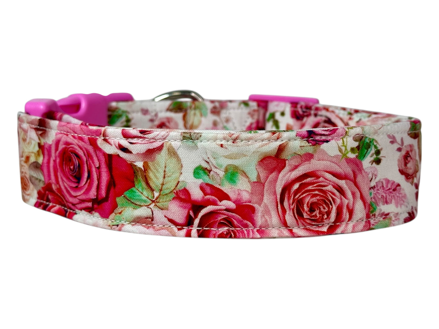 Pink Rose Dog Collar β Floral Handmade Pet Collar with Heavy-Duty Webbing & Stainless Steel Hardware