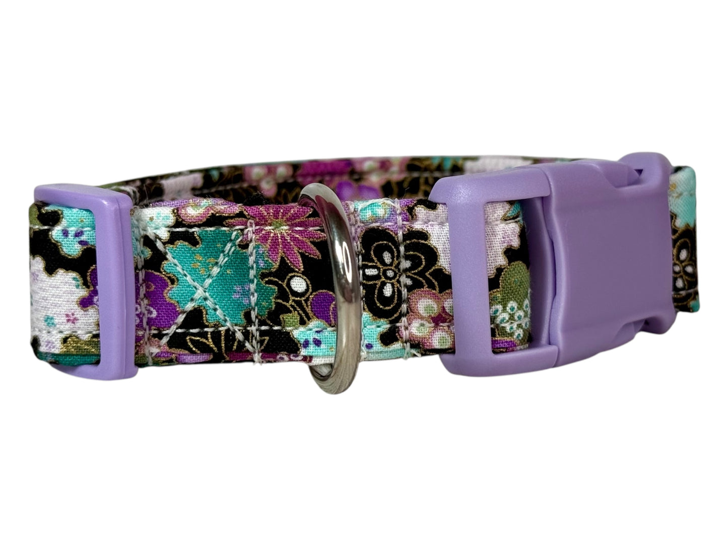 Purple and Teal Floral dog collar, Handmade Pet Collar with Heavy-Duty Webbing & Stainless Steel Hardware