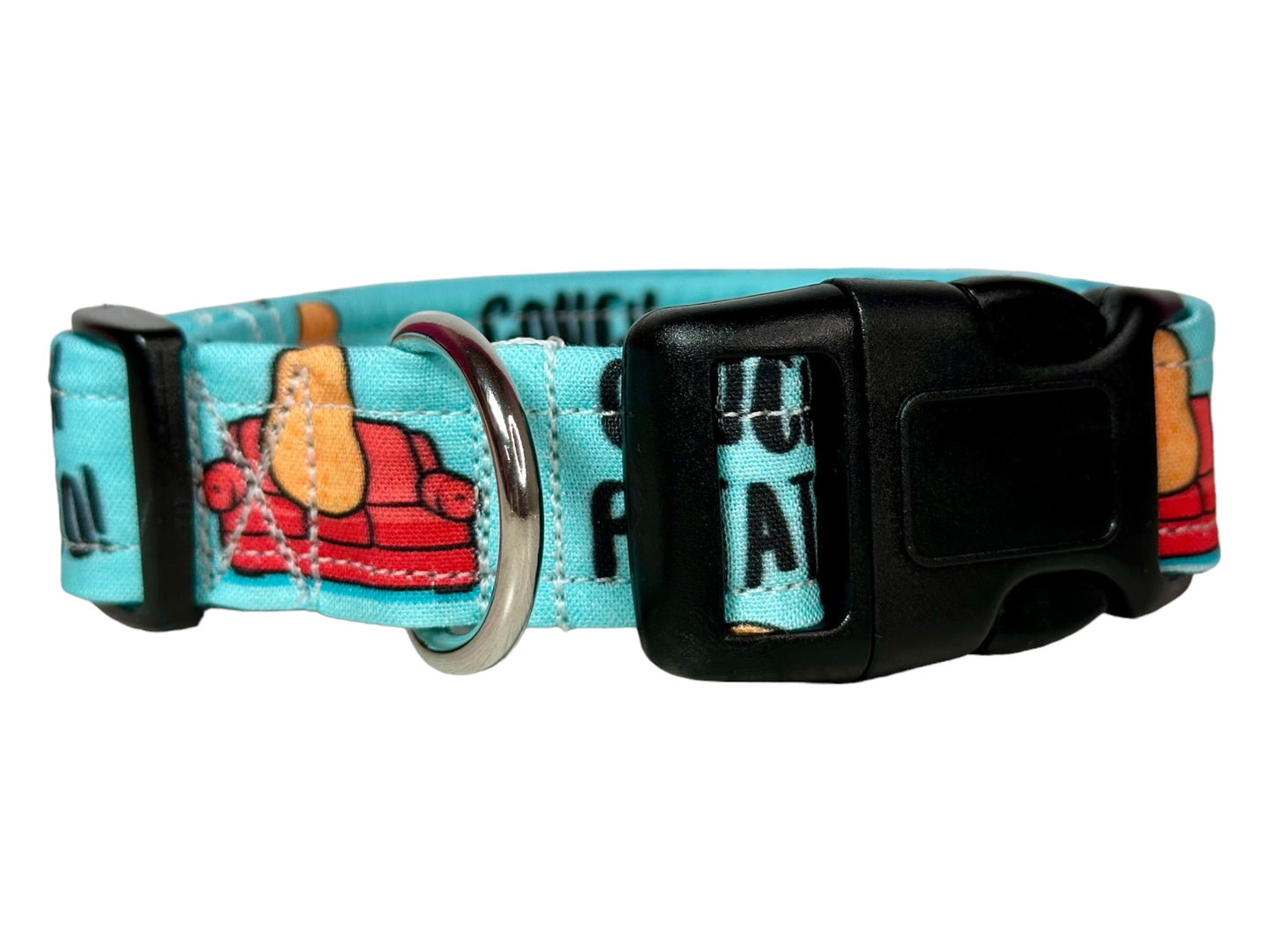Couch potato dog collar, (blue) standard adjustable side release - handmade