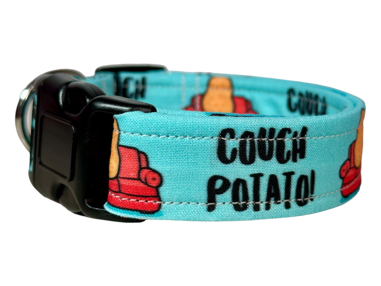 Couch potato dog collar, (blue) standard adjustable side release - handmade