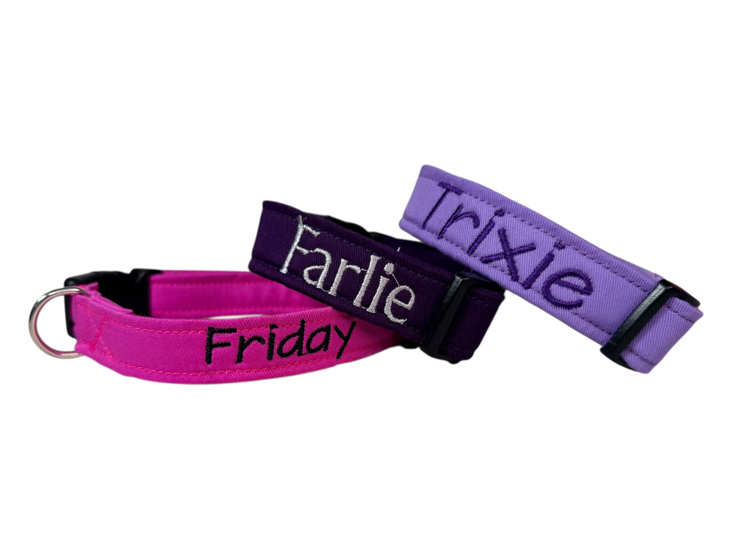 Purple embroidered cotton canvas side release adjustable dog collar, handmade, washable, personalized