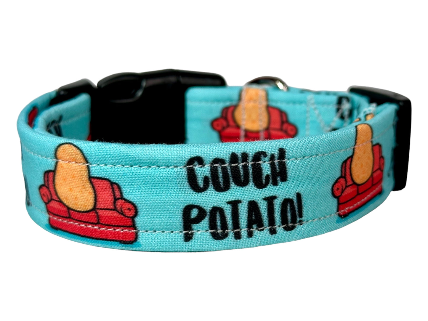 Couch potato dog collar, (blue) standard adjustable side release - handmade