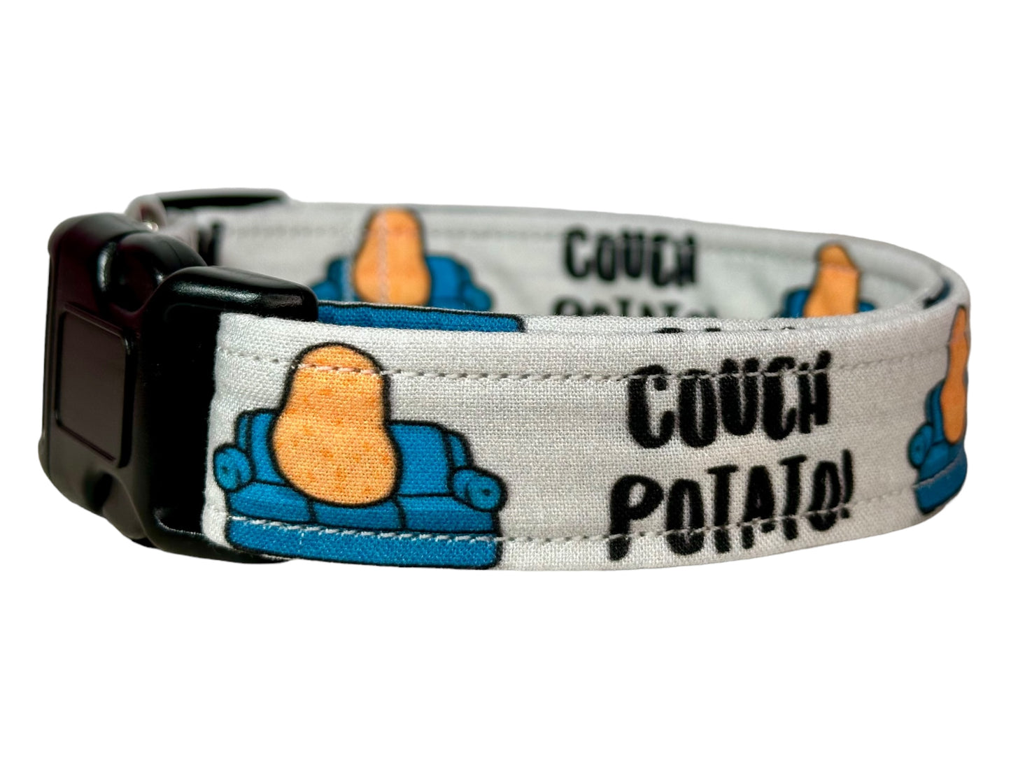 Couch potato dog collar, (Gray) standard adjustable side release - handmade
