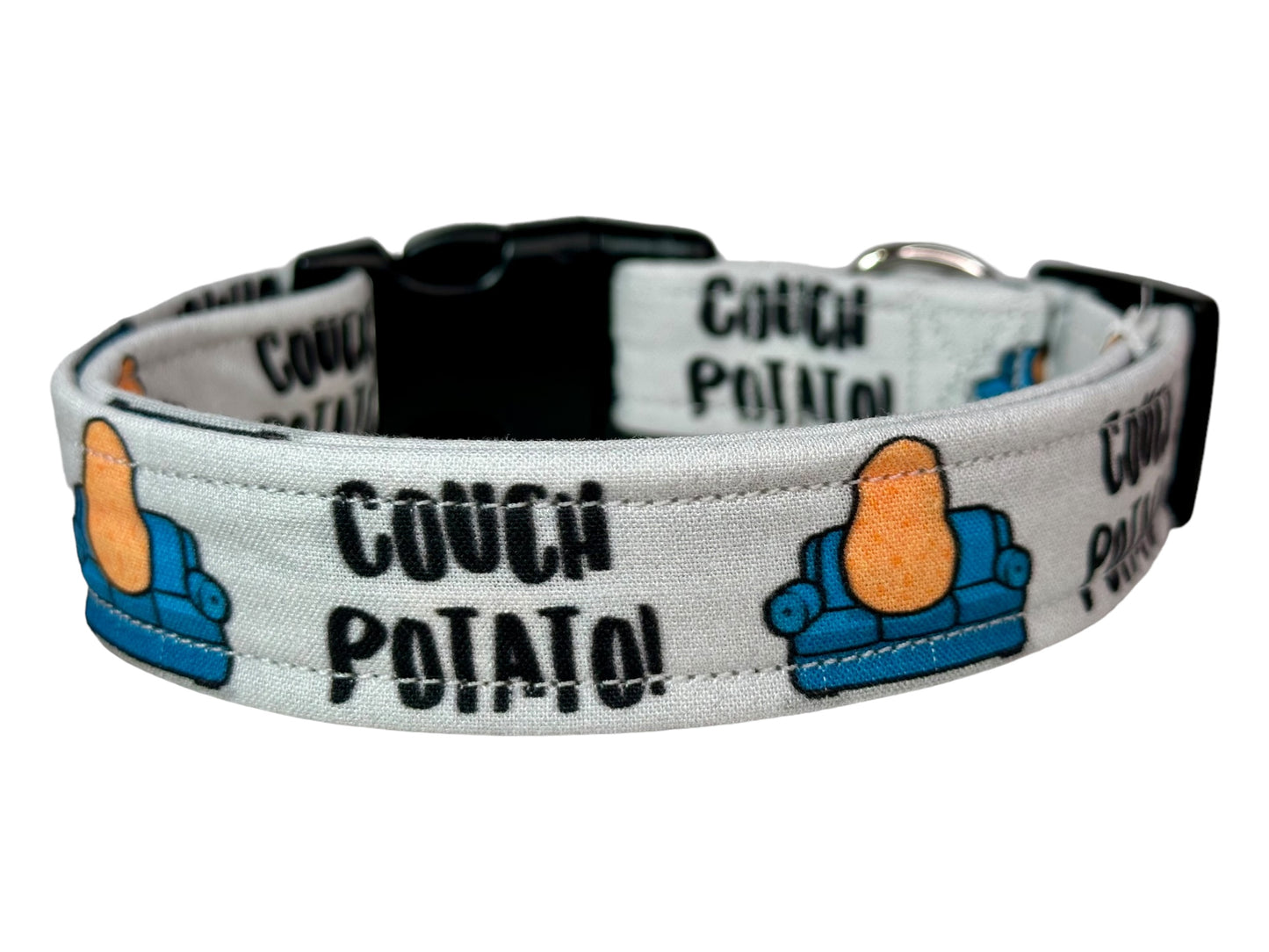Couch potato dog collar, (Gray) standard adjustable side release - handmade
