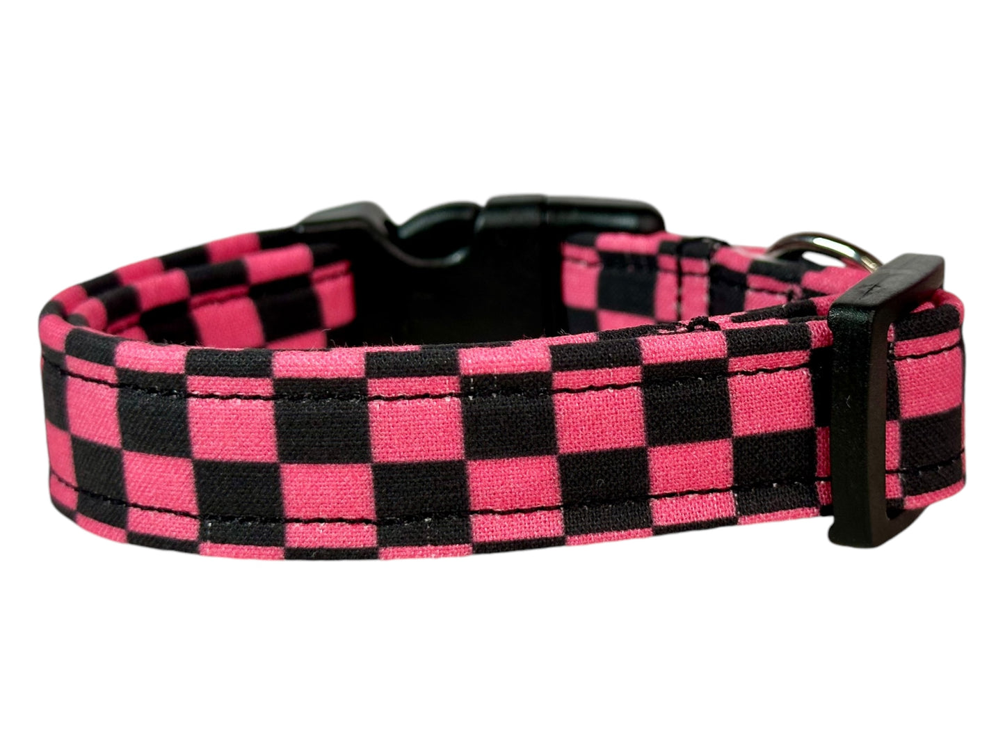 Pink and Black Retro Checkered dog collar, handmade side release dog collar