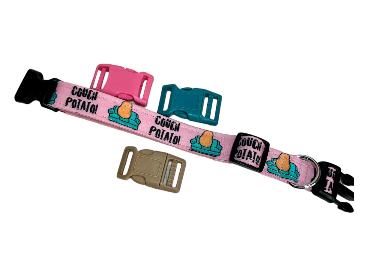 Couch potato dog collar, (Pink) standard adjustable side release - handmade