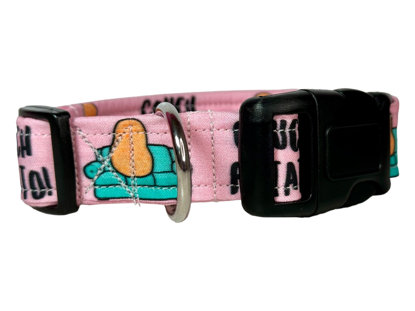Couch potato dog collar, (Pink) standard adjustable side release - handmade