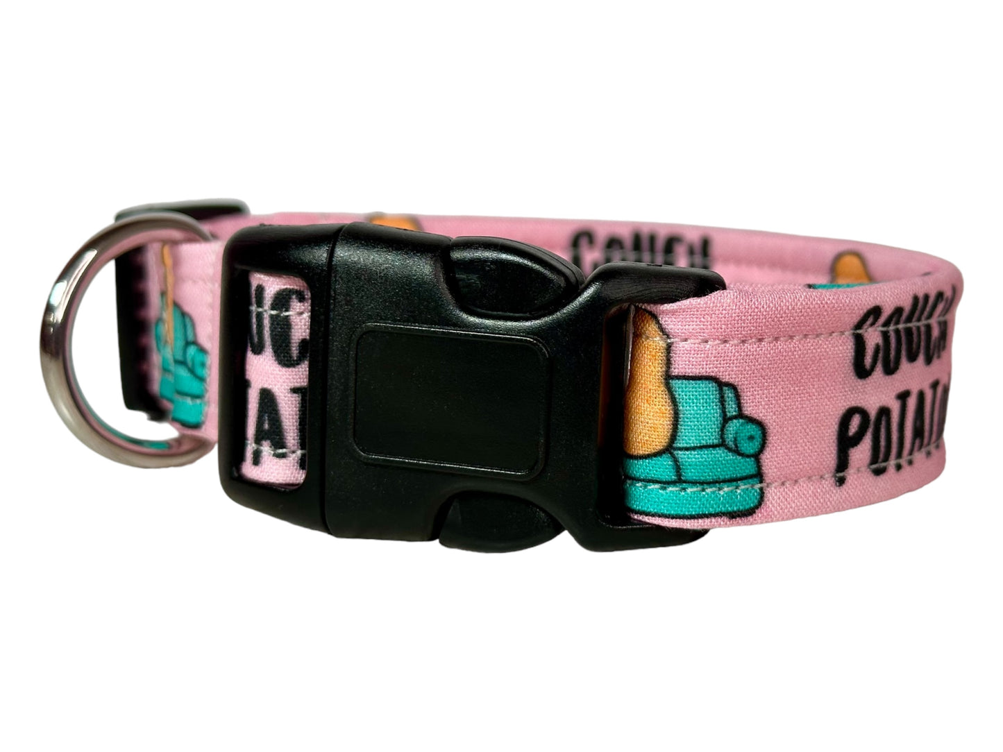 Couch potato dog collar, (Pink) standard adjustable side release - handmade