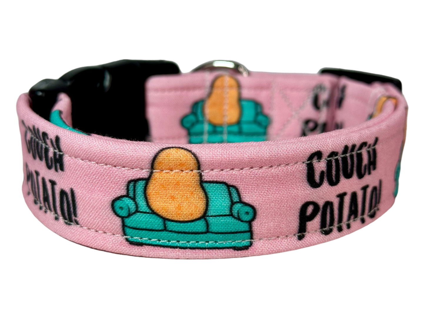 Couch potato dog collar, (Pink) standard adjustable side release - handmade