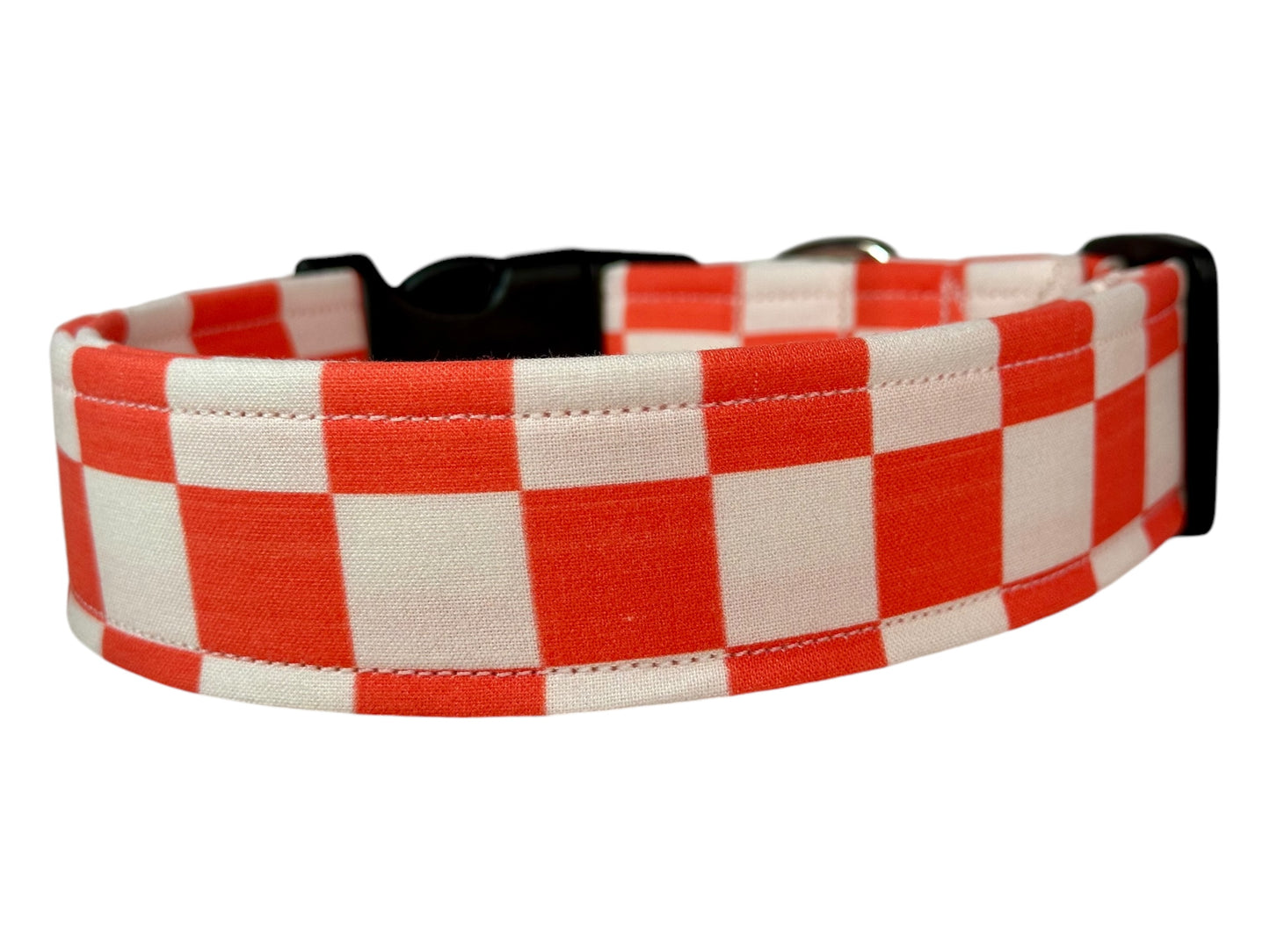 Orange and White Retro Checkered dog collar, handmade side release dog collar