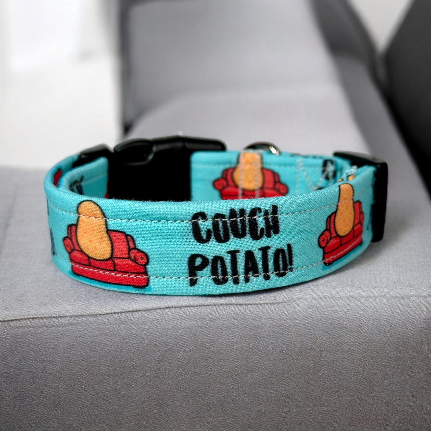 Couch potato dog collar, (blue) standard adjustable side release - handmade
