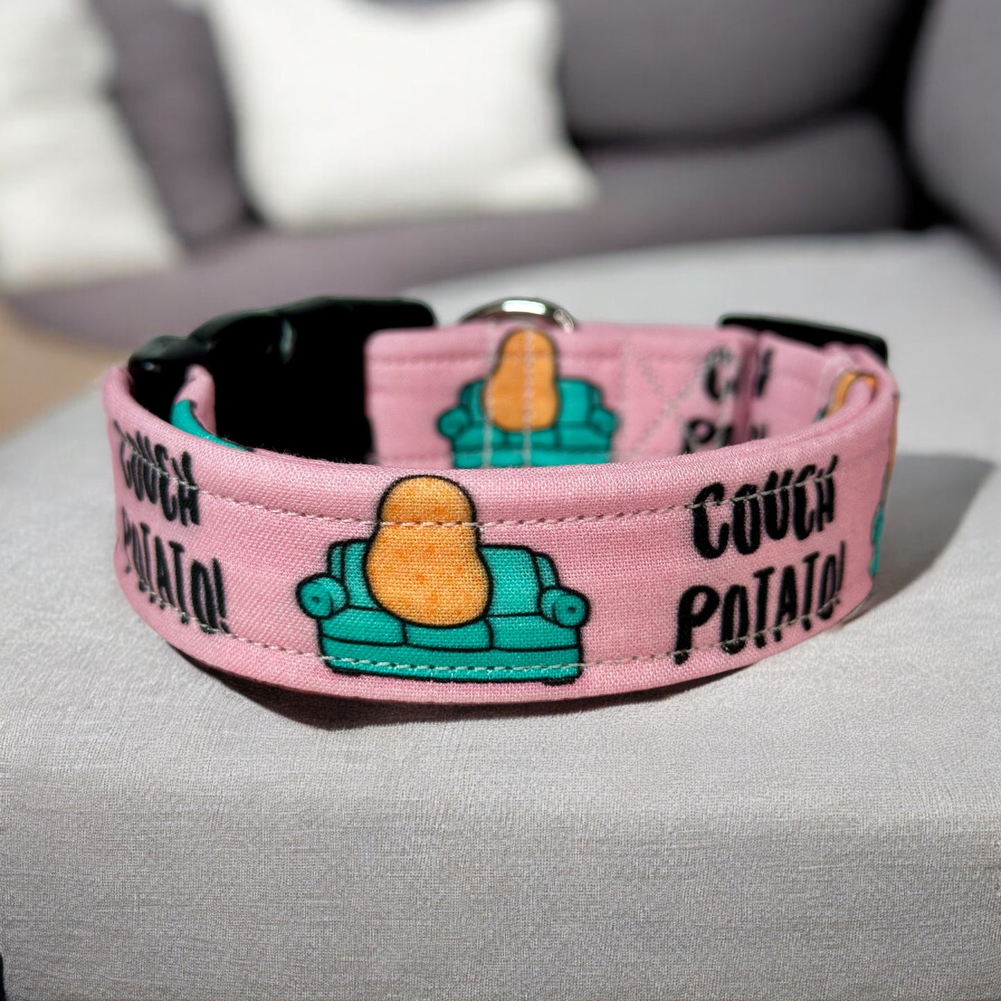 Couch potato dog collar, (Pink) standard adjustable side release - handmade