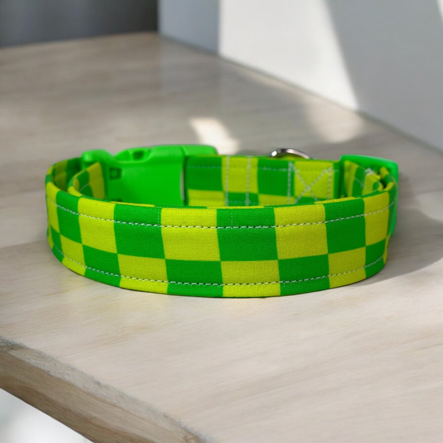 Neon Green Checkered dog collar, handmade side release dog collar