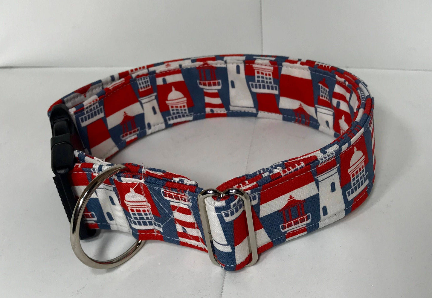 Light house dog collar, wide dog collar, light houses, red, gray, white, washable, adjustable, fabric dog collar, side release buckle