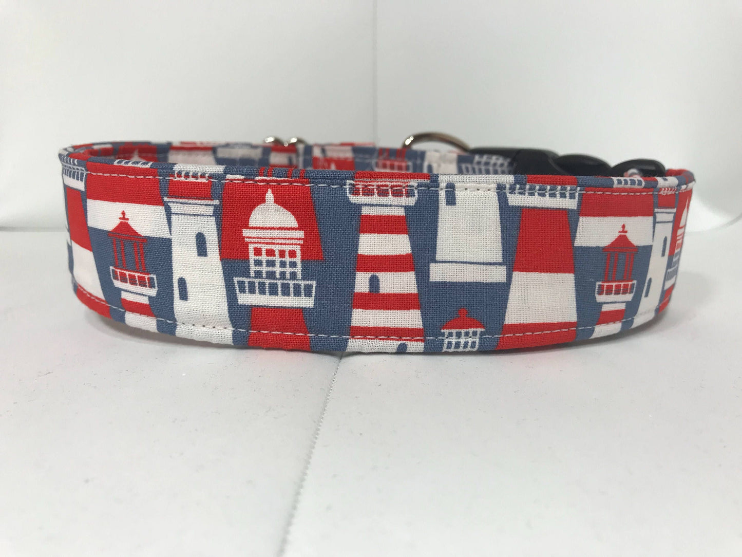 Light house dog collar, wide dog collar, light houses, red, gray, white, washable, adjustable, fabric dog collar, side release buckle