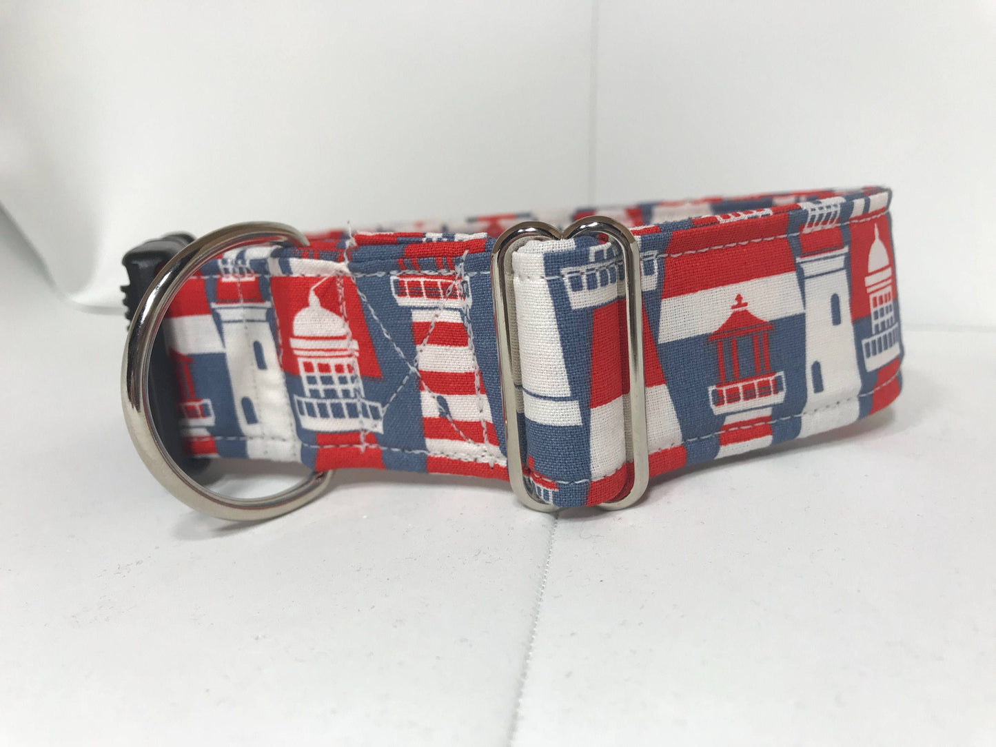 Light house dog collar, wide dog collar, light houses, red, gray, white, washable, adjustable, fabric dog collar, side release buckle