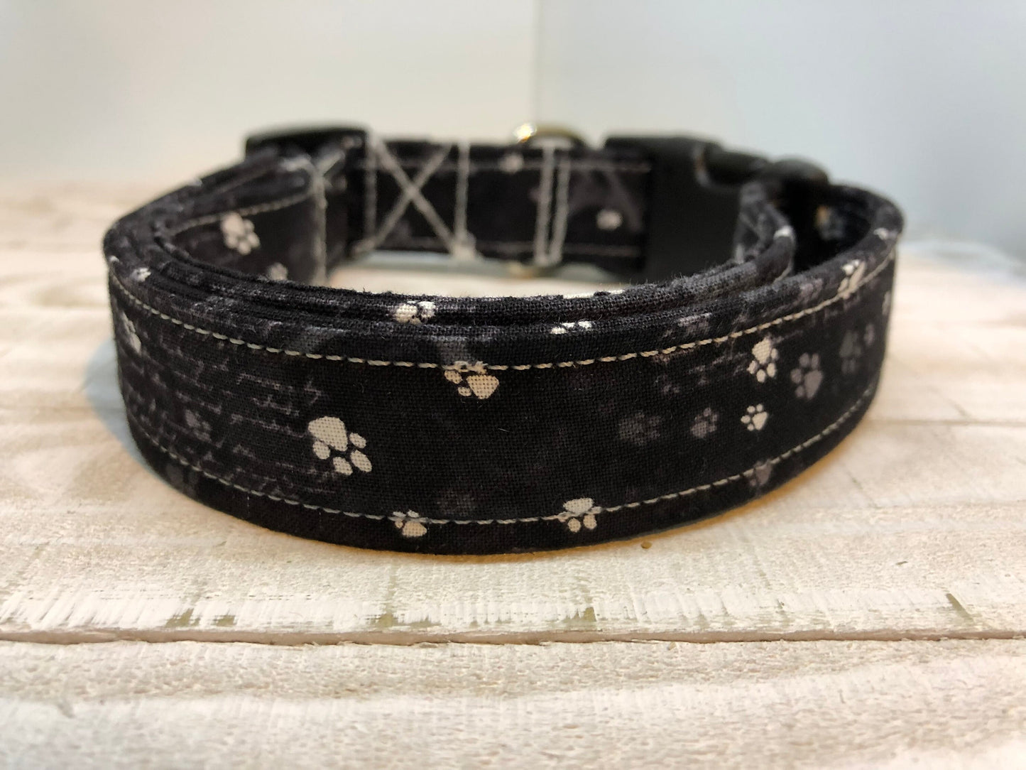 Paw print dog collar, black dog collar, adjustable collar, washable collar, side release collar, fabric dog collar, eco friendly, paws