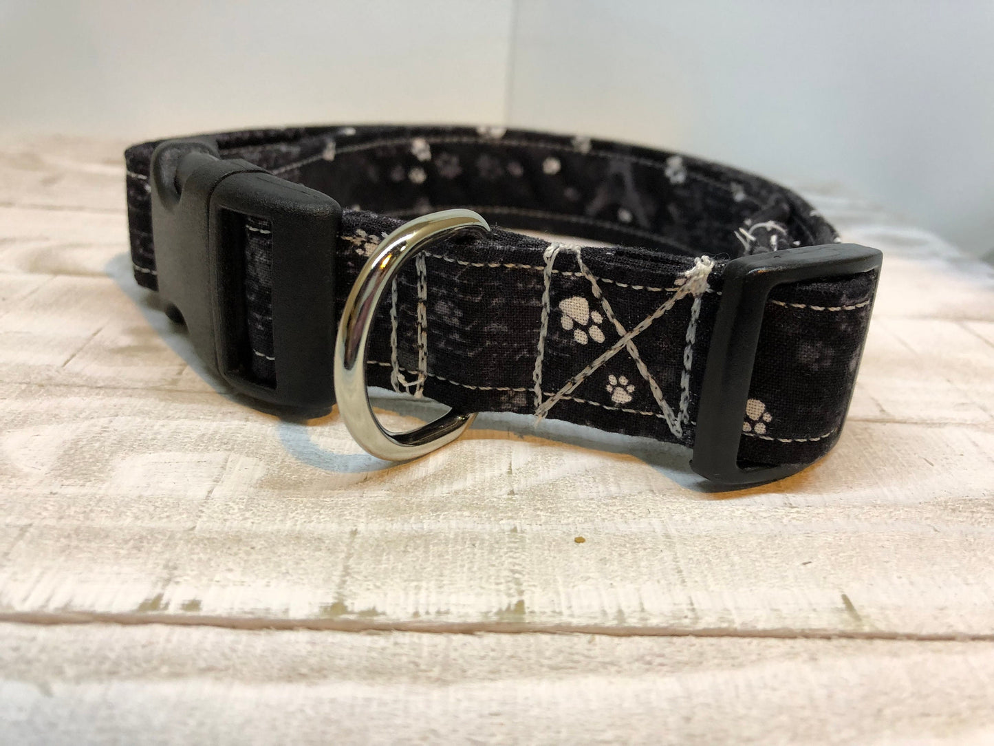 Paw print dog collar, black dog collar, adjustable collar, washable collar, side release collar, fabric dog collar, eco friendly, paws