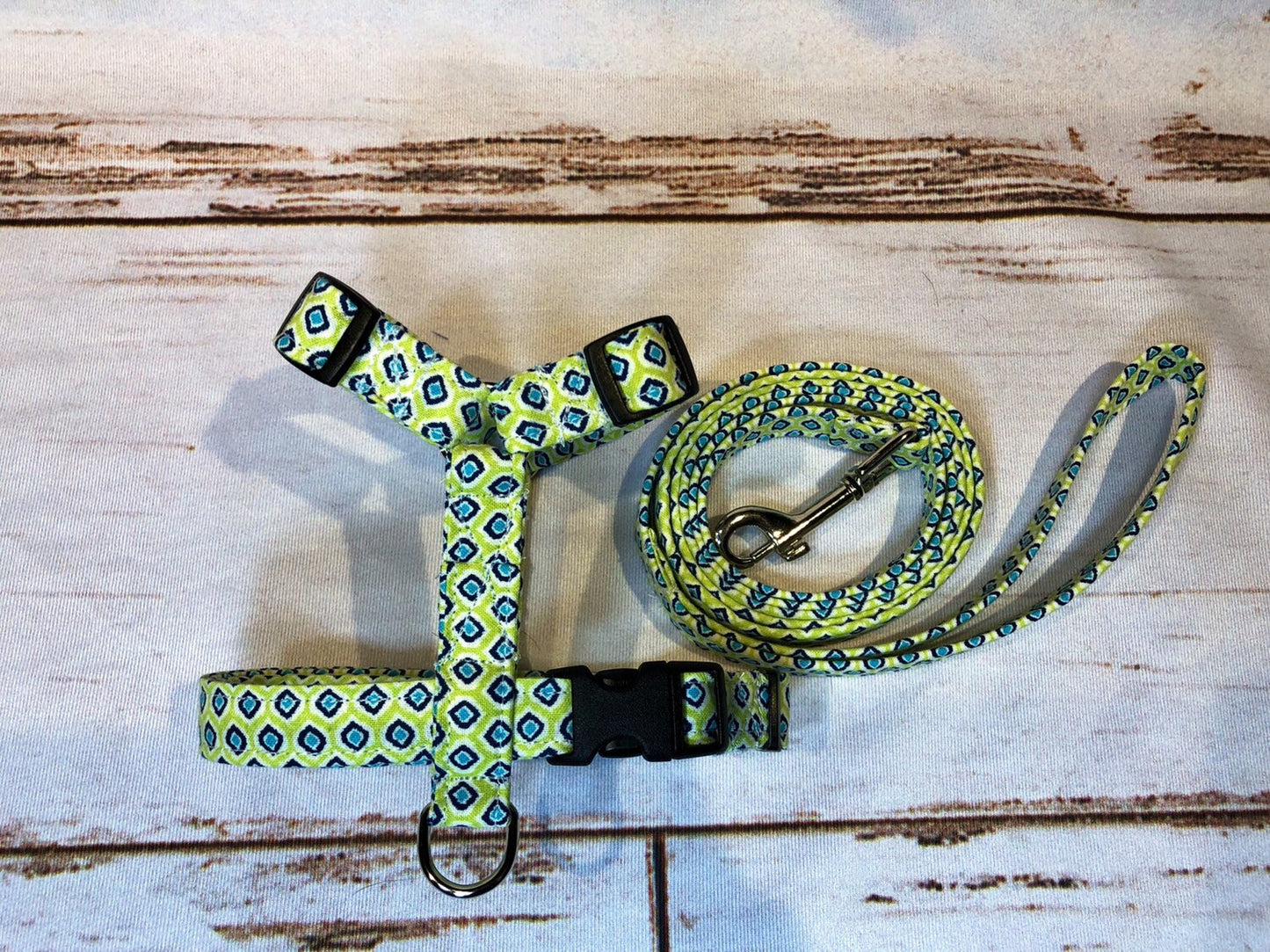 Dog harness, Harness and leash, step in harness, standard harness, leash, roman harness, dog harness set, adjustable, green,blue, geometric