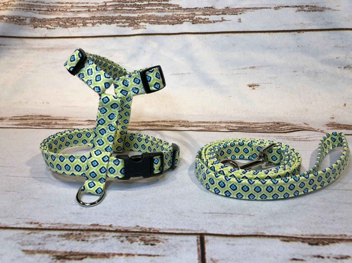 Dog harness, Harness and leash, step in harness, standard harness, leash, roman harness, dog harness set, adjustable, green,blue, geometric