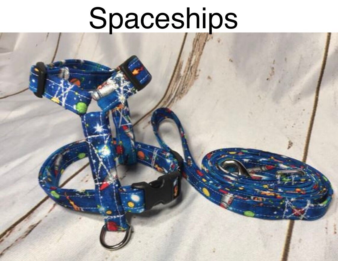 Dog harness, Harness and leash, step in harness, standard harness, dog harness set, dog halter, boy dog harness, blue, spaceships, space