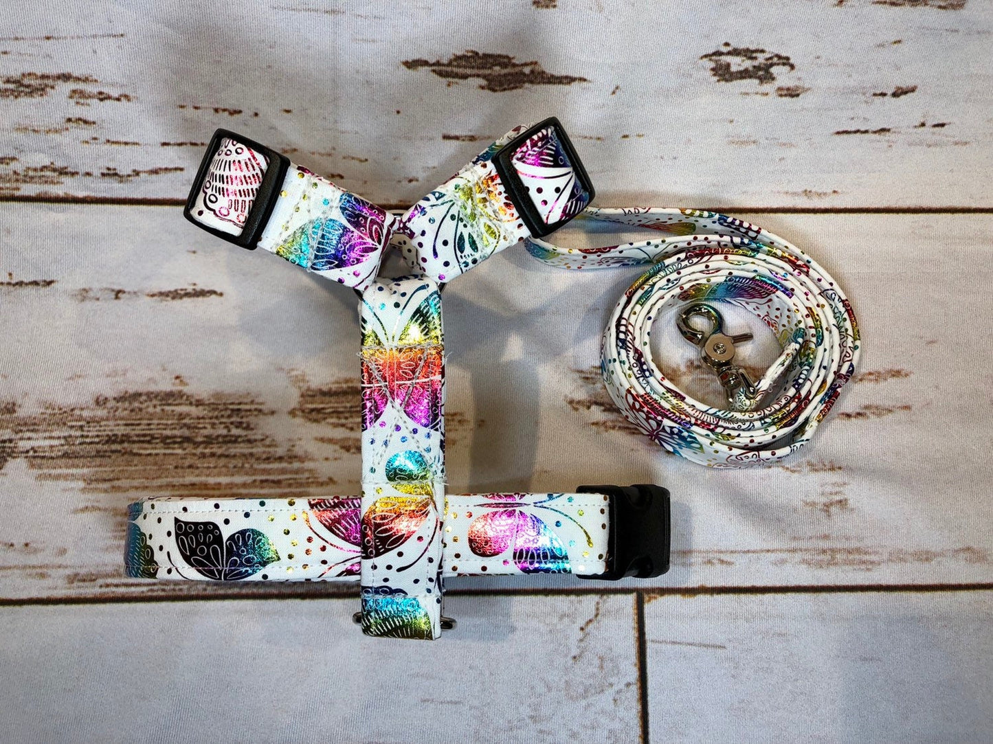 Dog harness, Harness and leash, step in harness, dog harness set, standard harness, roman dog harness, adjustable, rainbow butterflies
