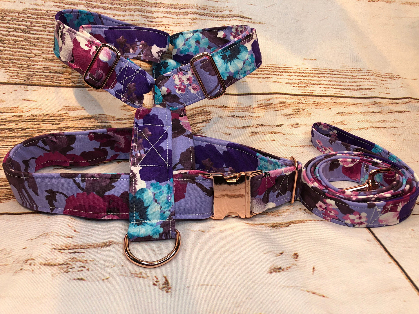 Dog harness, Harness and leash, step in harness, standard harness, dog harness set, rose gold, roses, rose gold hardware, floral, purple