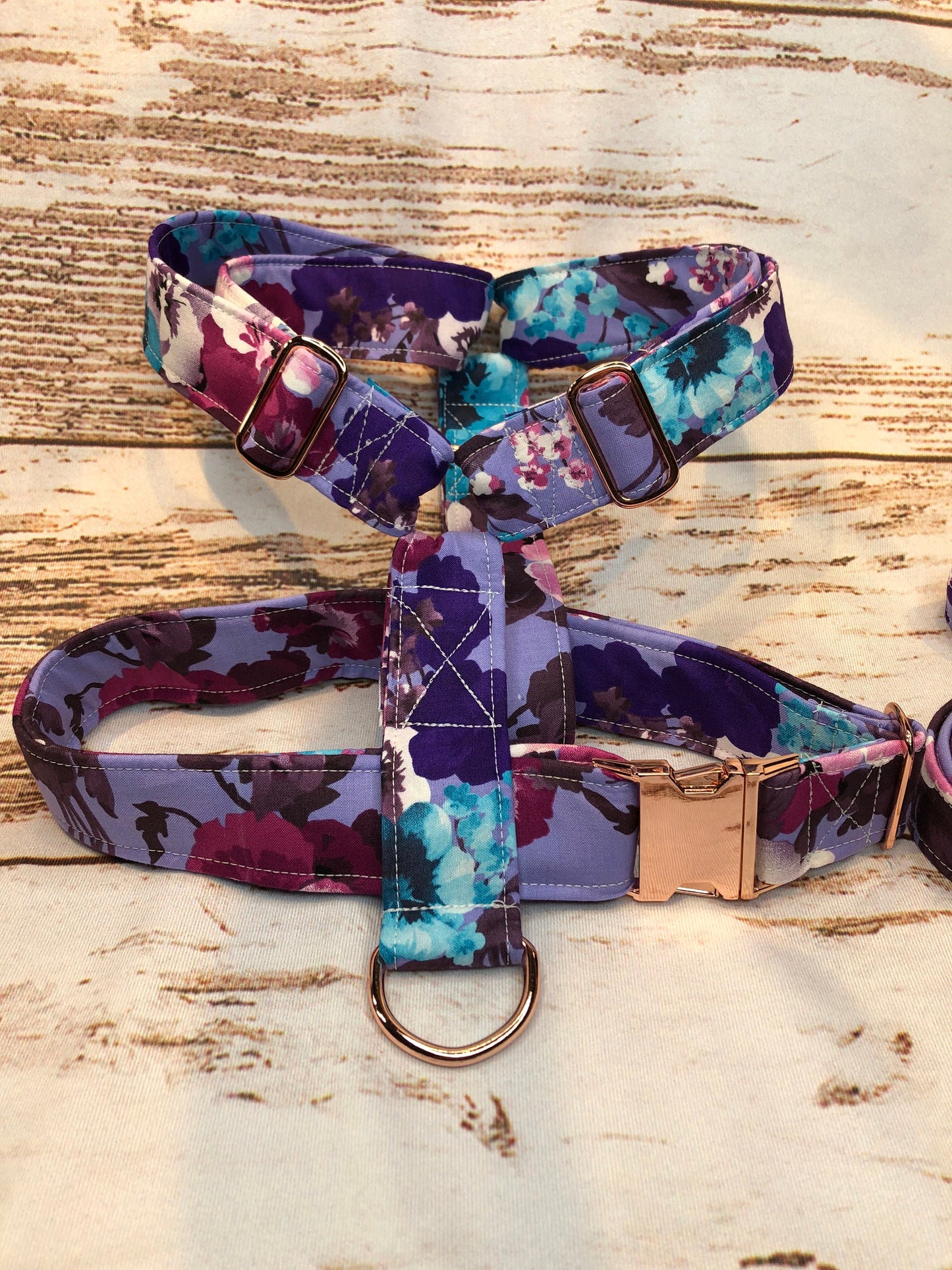 Dog harness, Harness and leash, step in harness, standard harness, dog harness set, rose gold, roses, rose gold hardware, floral, purple