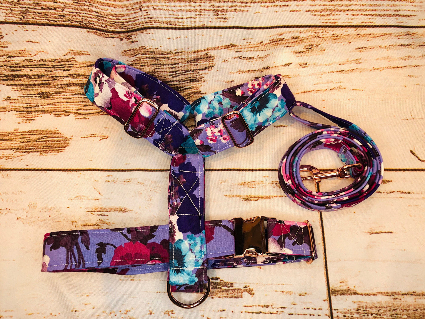 Dog harness, Harness and leash, step in harness, standard harness, dog harness set, rose gold, roses, rose gold hardware, floral, purple