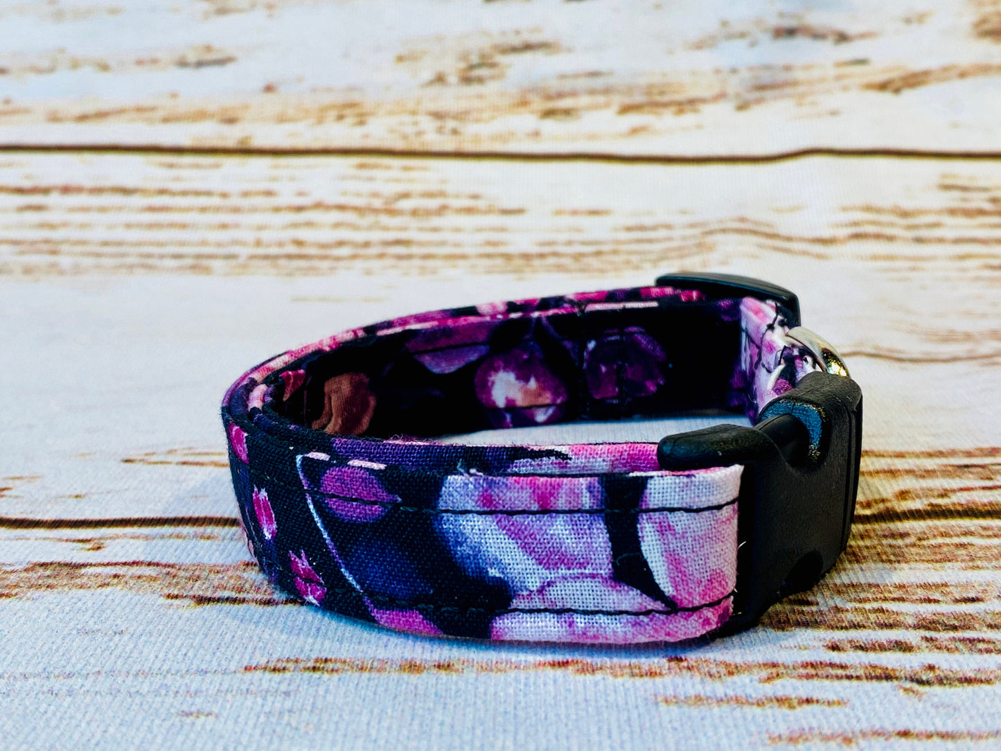 Floral dog collar, fuchsia pink floral, adjustable collar, washable collar, side release collar, eco friendly, black, pink, pink flowers