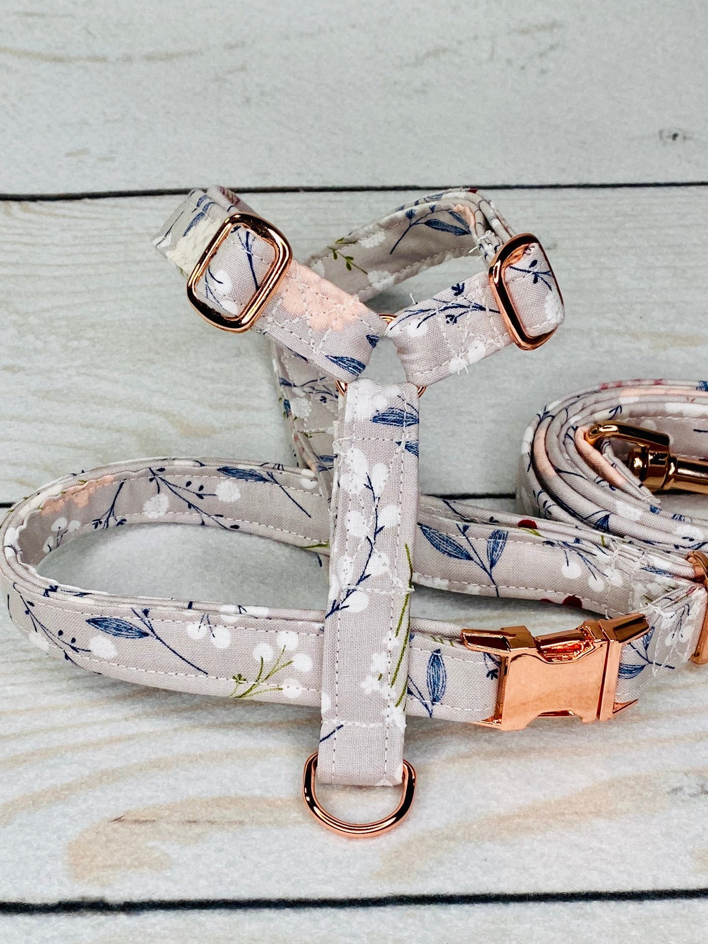Dog harness, Harness and leash, step in harness, standard harness, dog harness set, rose gold, rose gold hardware, floral, gray rose gold