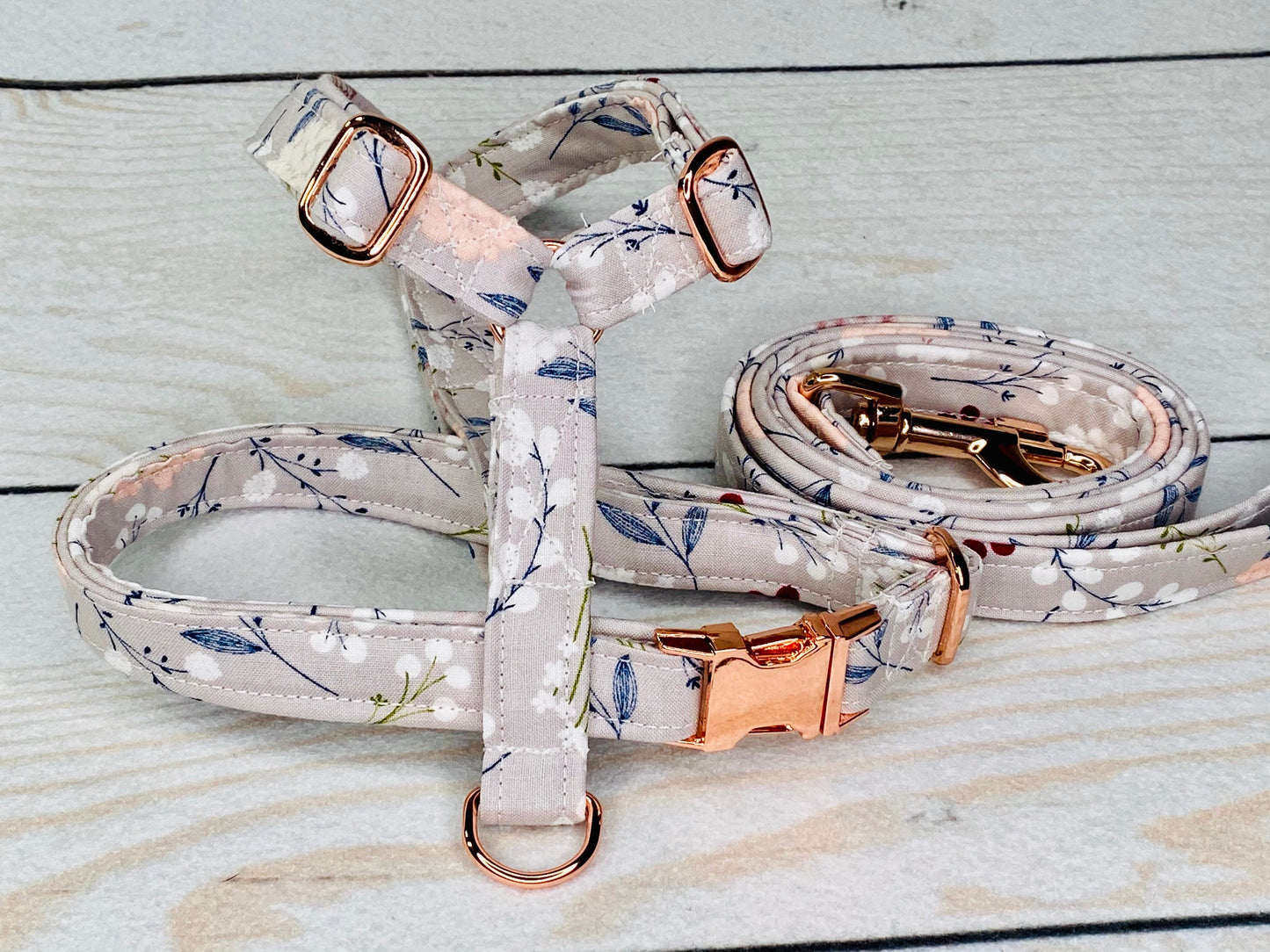 Dog harness, Harness and leash, step in harness, standard harness, dog harness set, rose gold, rose gold hardware, floral, gray rose gold