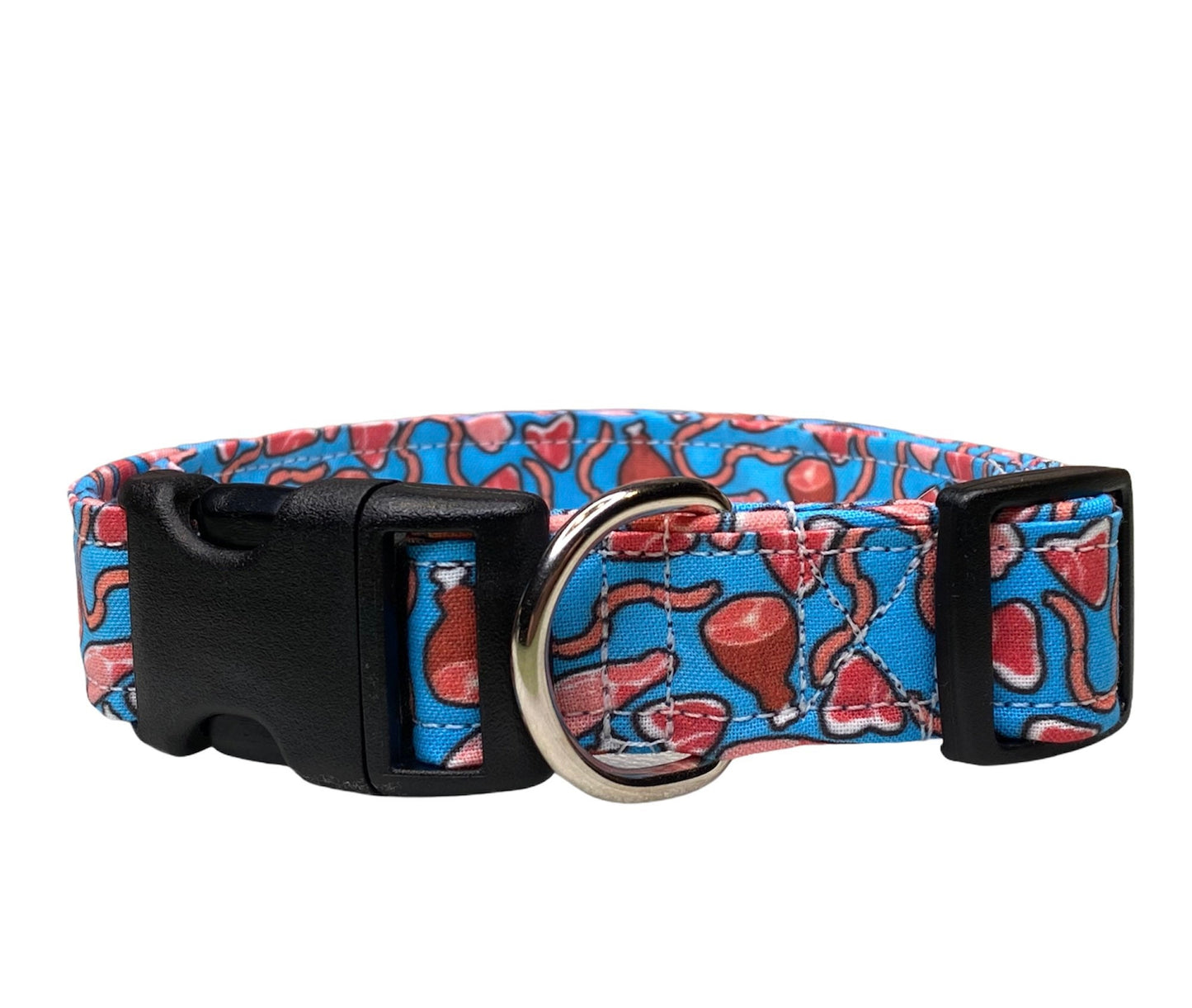 Meat dog collar, funny dog collar, food dog collar, side release collar, adjustable, washable, steak, ham, bacon, blue, fabric collar, meat