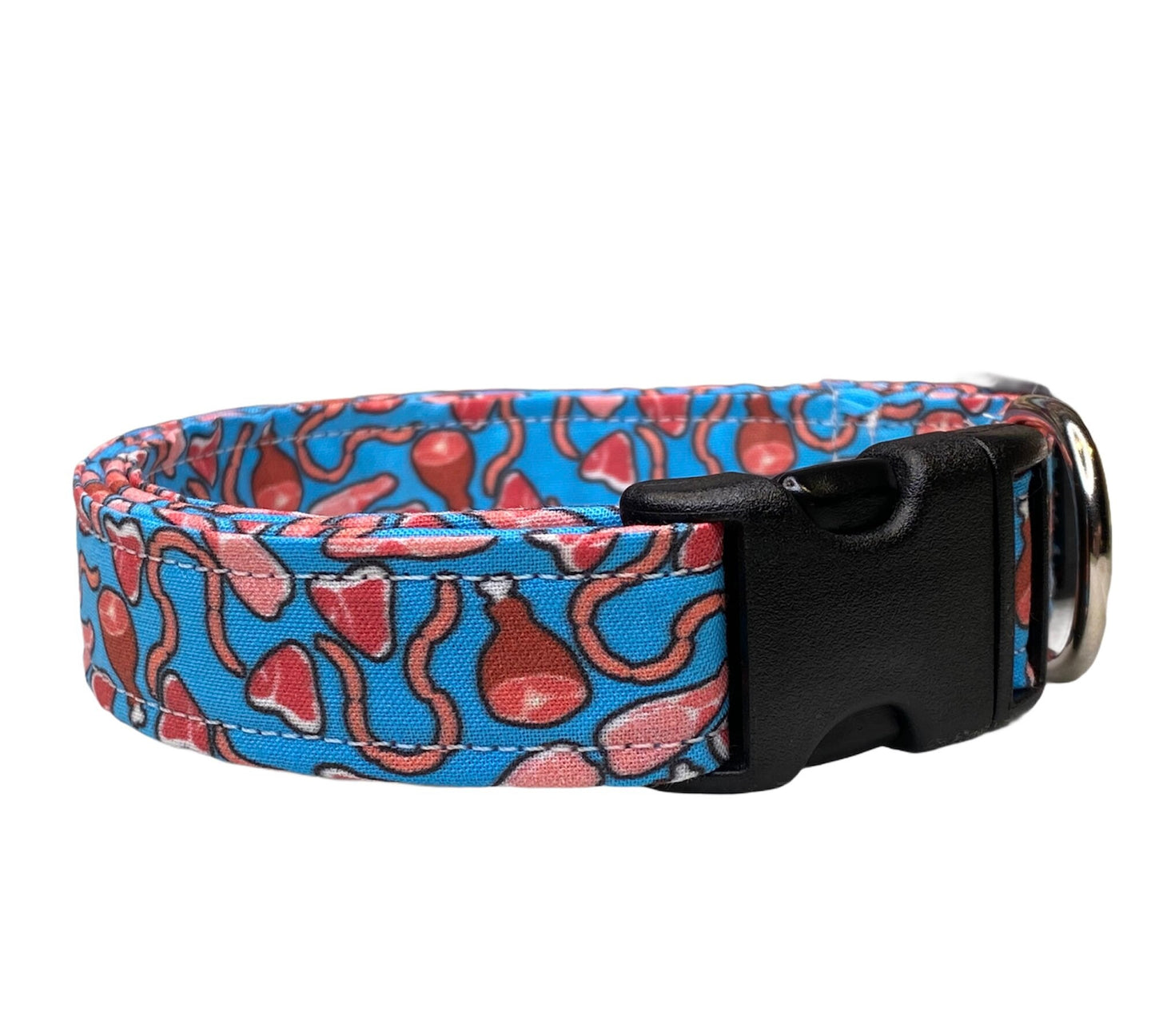 Meat dog collar, funny dog collar, food dog collar, side release collar, adjustable, washable, steak, ham, bacon, blue, fabric collar, meat
