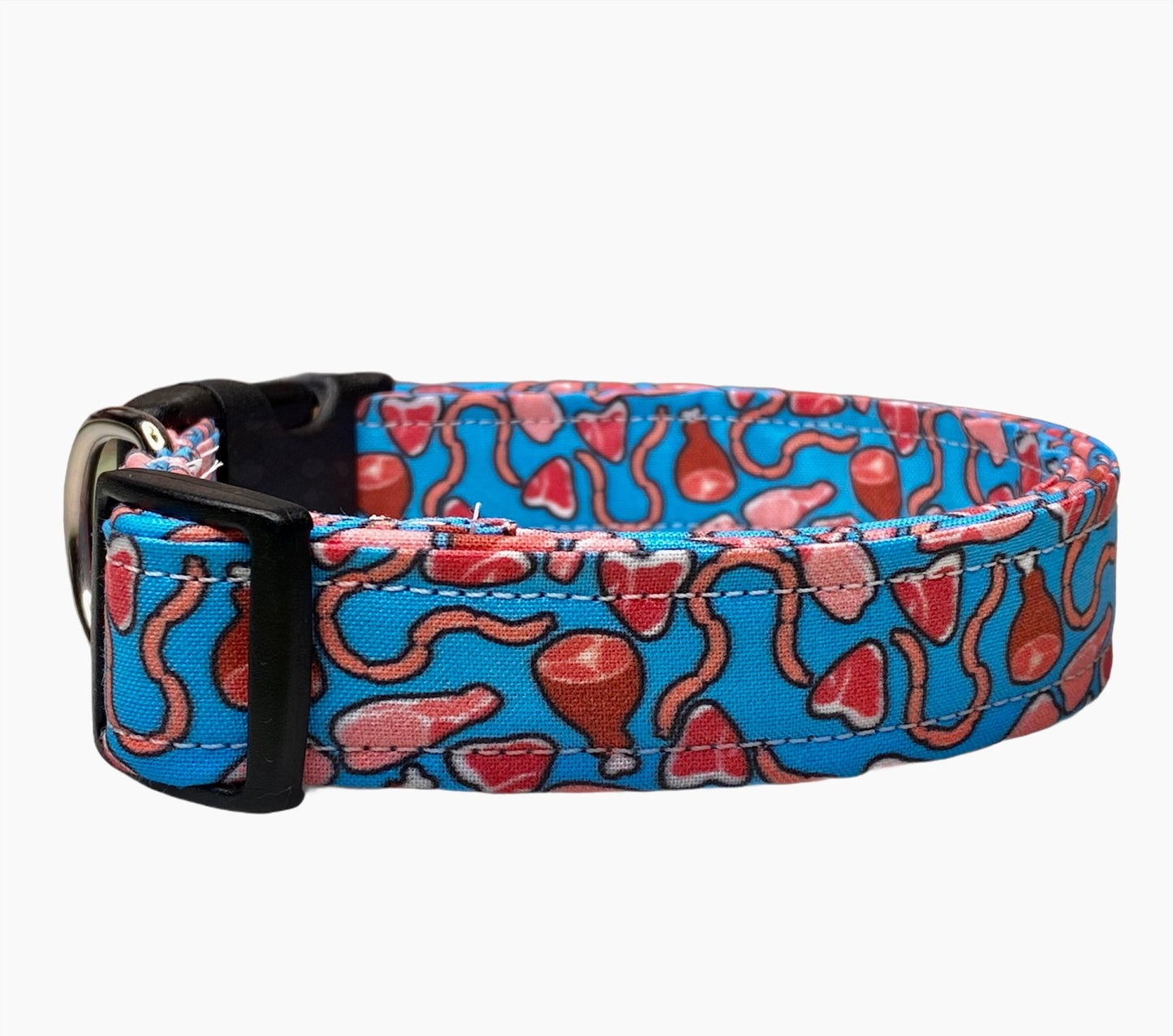 Meat dog collar, funny dog collar, food dog collar, side release collar, adjustable, washable, steak, ham, bacon, blue, fabric collar, meat