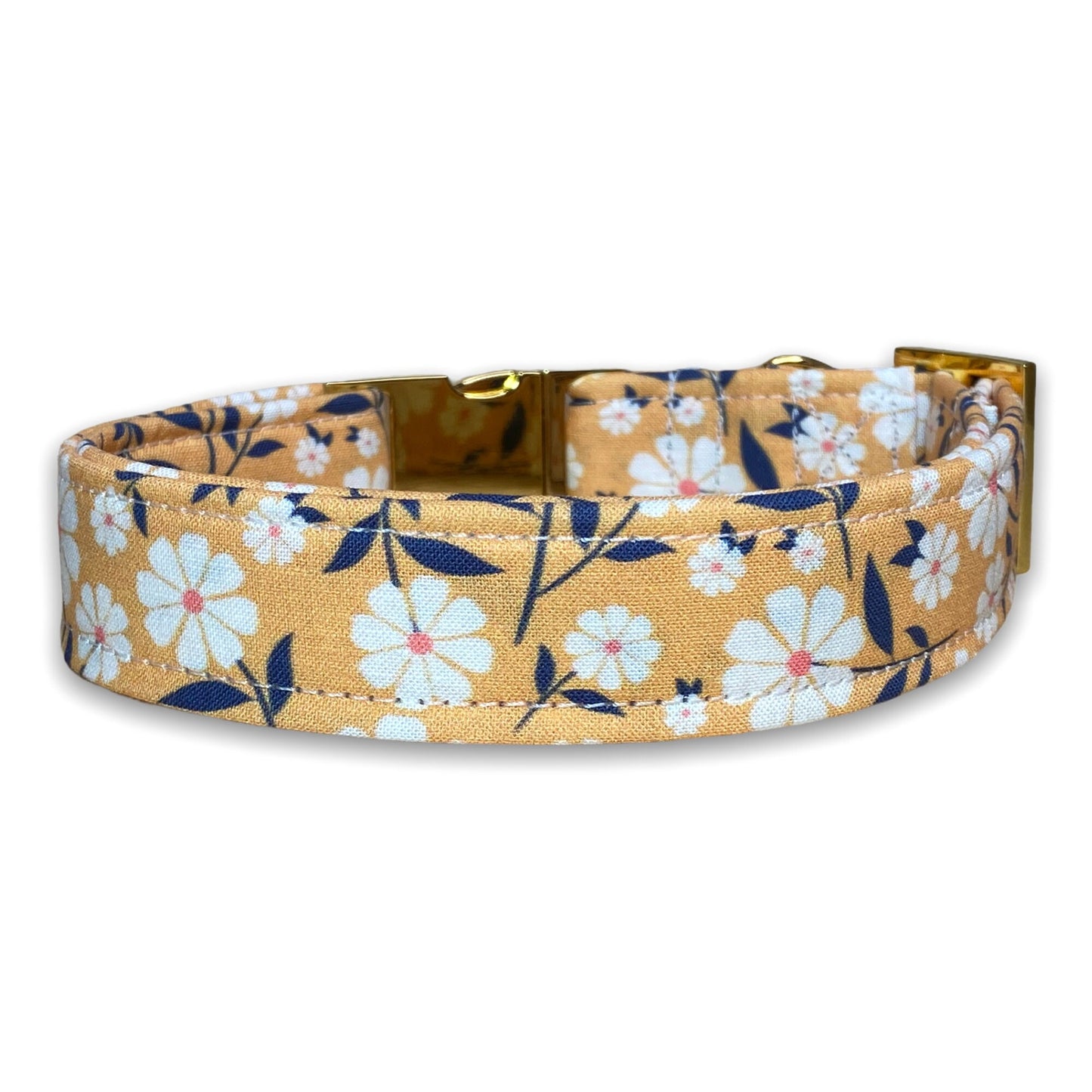 Mustard floral dog collar, flower collar, mustard yellow, adjustable collar, side release, metal hardware, washable, eco friendly, fabric