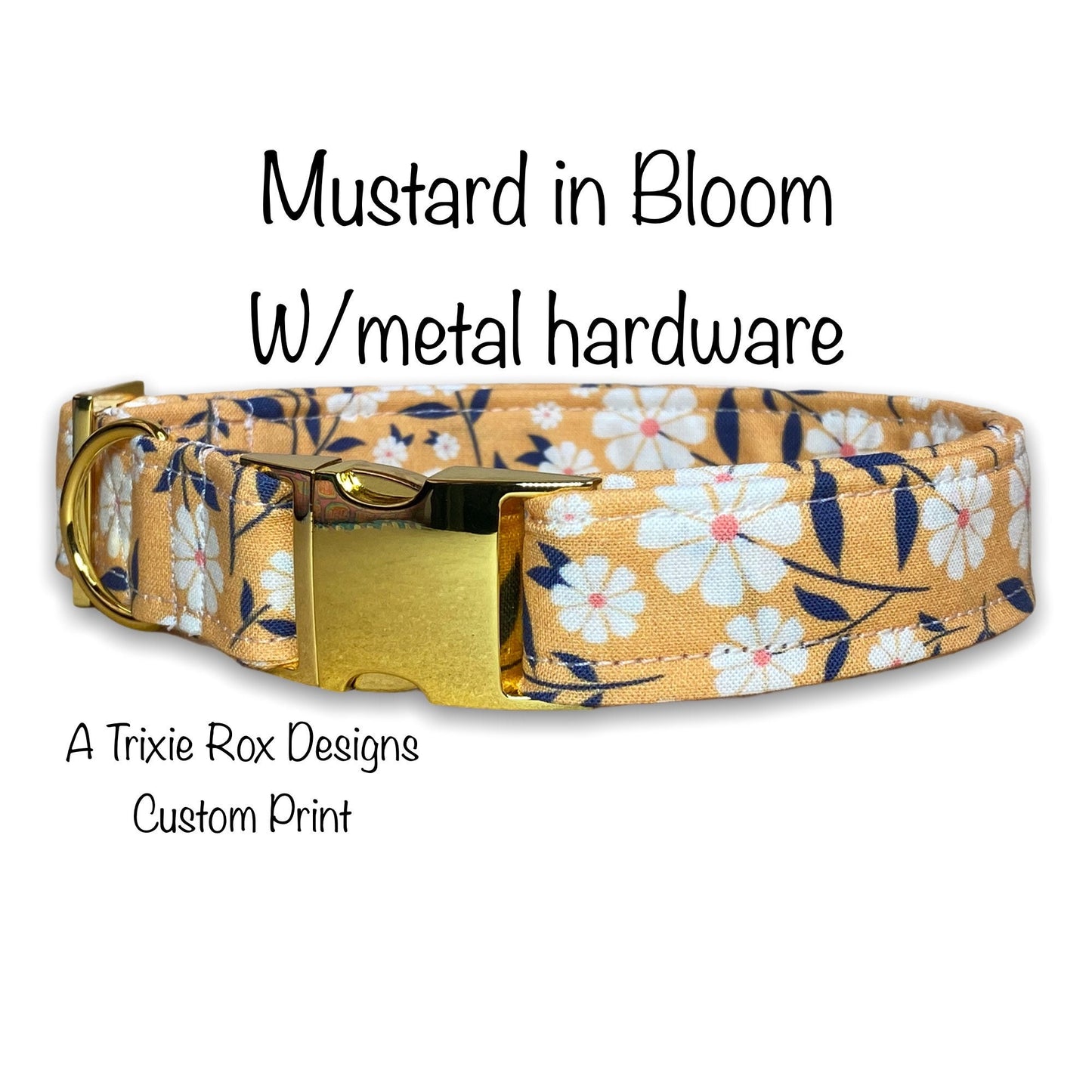 Mustard floral dog collar, flower collar, mustard yellow, adjustable collar, side release, metal hardware, washable, eco friendly, fabric
