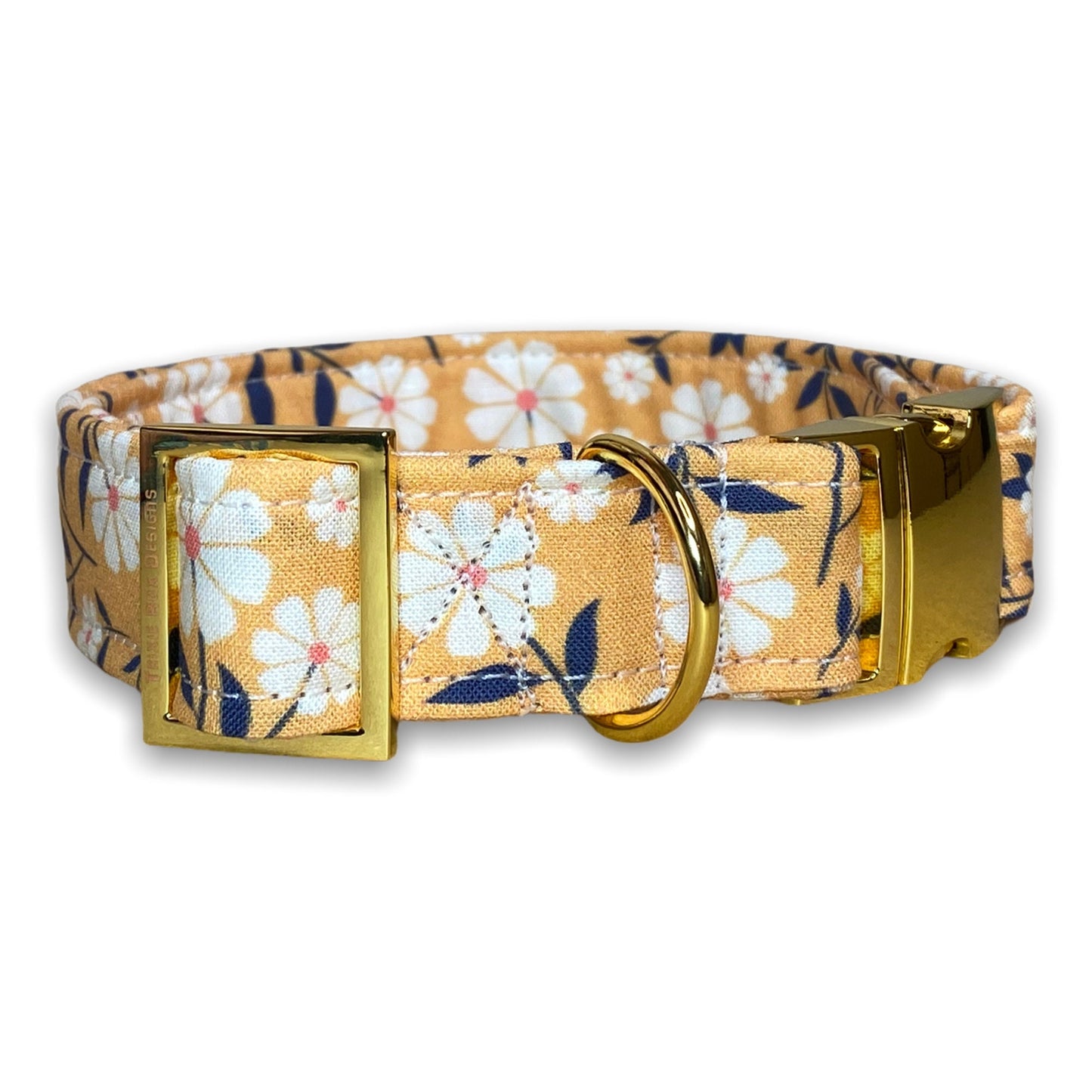 Mustard floral dog collar, flower collar, mustard yellow, adjustable collar, side release, metal hardware, washable, eco friendly, fabric