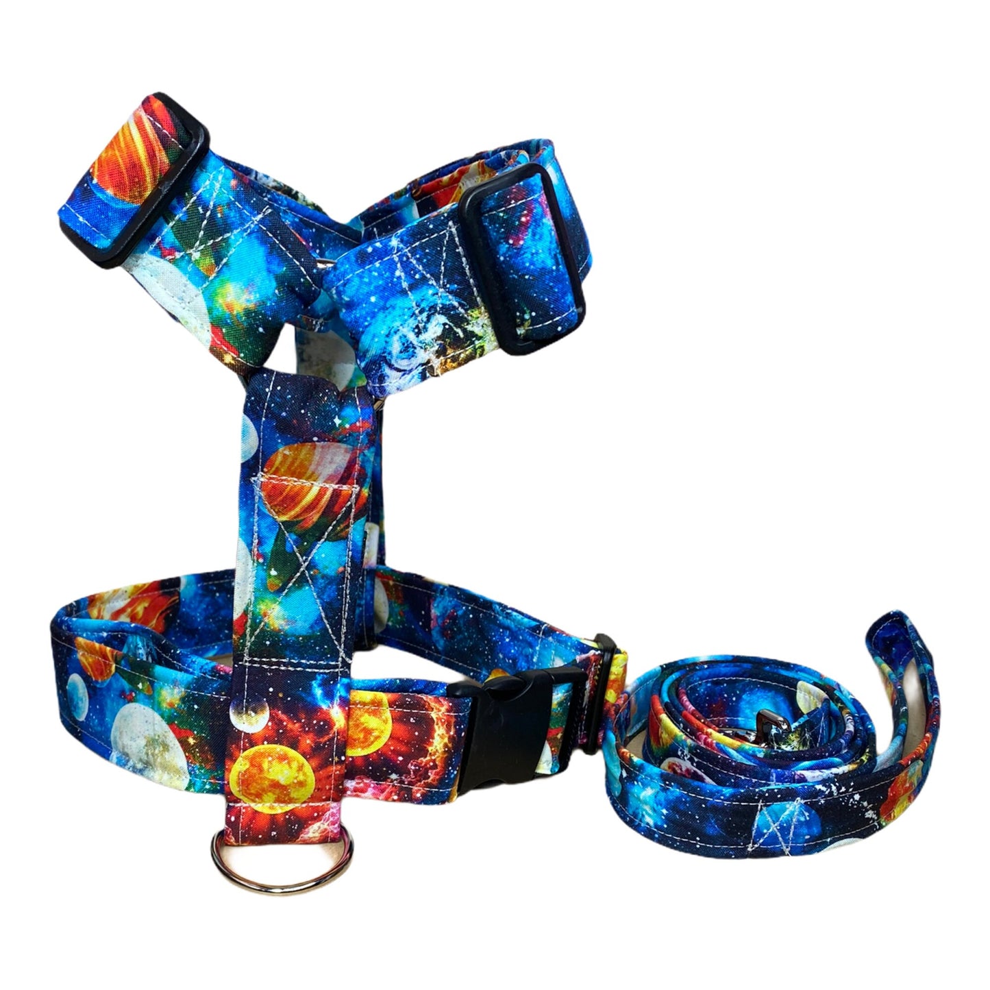 Galaxy dog harness and leash set, planets, standard Roman dog harness, step in dog harness, adjustable dog harness, space, celestial, sci fi