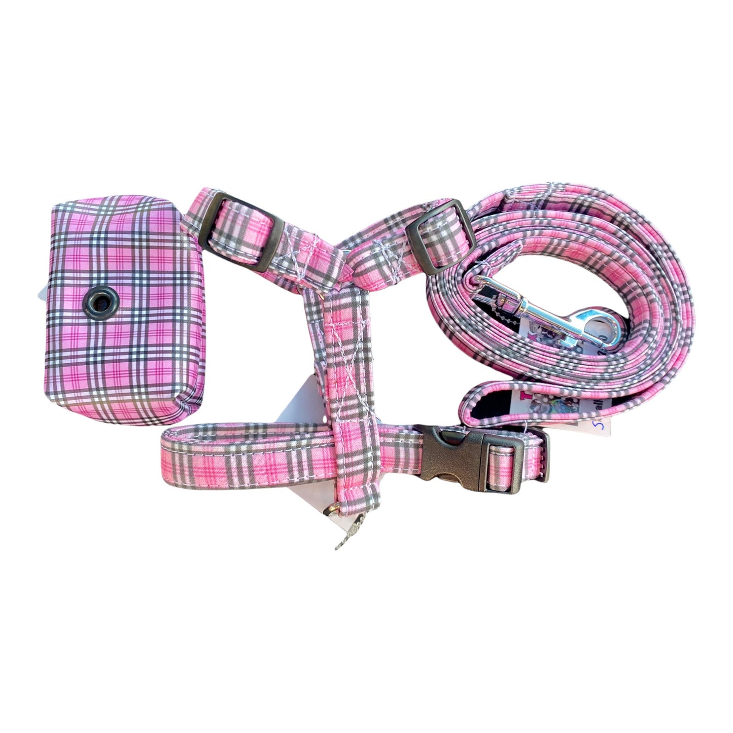 Pink plaid dog harness and leash set, matching poop bag dispenser, adjustable dog harness, step in dog harness, standard Roman dog harness