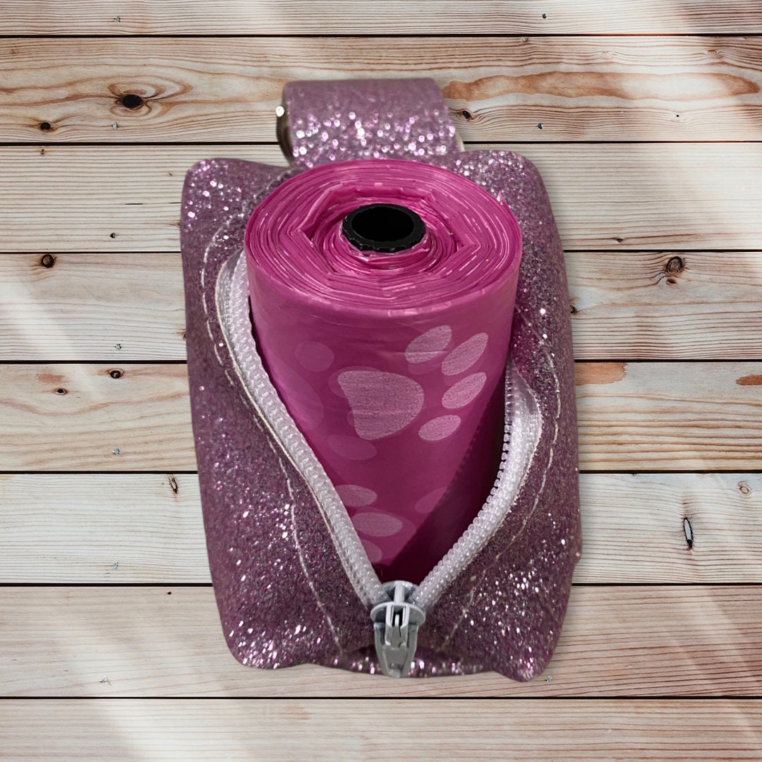 Pink sparkle Dog poop bag holder, dog waste bag holder, faux leather dog poop bag dispenser, dog waste bag dispenser, vegan leather poop bag